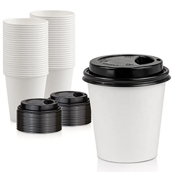 Picture of [100 Pack] 8 Oz Disposable White Paper Cups with Black Lids - On the Go Hot and Cold Beverage All-Purpose Sampling Portion Cup for Coffee, Espresso, Cortado, Latte, Cappuccino and Tea, Food Grade Safe