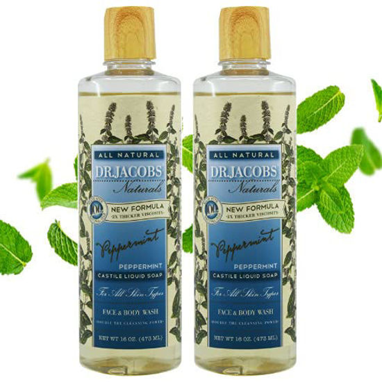 Picture of Dr. Jacobs Naturals Pure Castile Soap Peppermint - All Natural Face And Body Wash - Hypoallergenic and Dermatologist Approved (Peppermint, 16 Oz (Pack of 2)