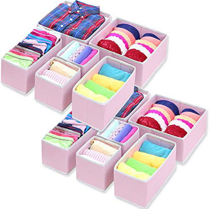 Picture of Simple Houseware Foldable Cloth Storage Box Closet Dresser Drawer Divider Organizer Basket Bins for Underwear Bras, Pink (Set of 12)