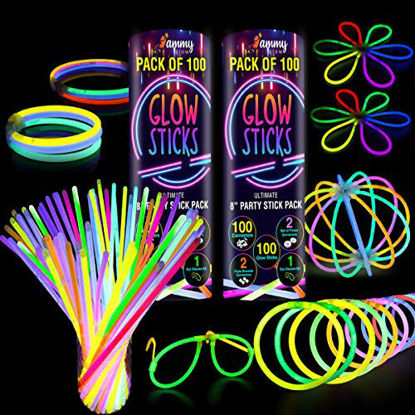 Picture of 200 Premium Glow Sticks Bulk Ultra Bright Glow Party Pack 8 inch with Connectors Glow in The Dark Party Supplies Emergency Light Sticks Neon Glow Bracelets Necklaces for Kids -Camping Accessories