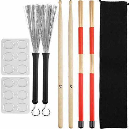 Picture of Drum Sticks Set,Eison 5A Maple Wood Drum Sticks,Drum Rods Brushes,Retractable Drum Wire Brushes,12PCS Drum Dampeners with Portable Bag,Drumsticks Gift Sets for Kids Adults Drummer Practice