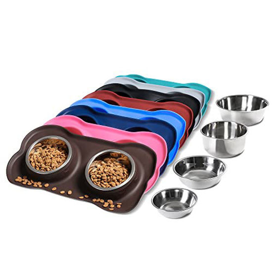 Picture of Hubulk Pet Dog Bowls 2 Stainless Steel Dog Bowl with No Spill Non-Skid Silicone Mat + Pet Food Scoop Water and Food Feeder Bowls for Feeding Small Medium Large Dogs Cats Puppies (M, Chocolate)