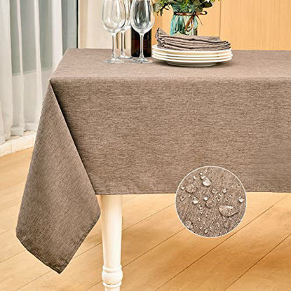 Picture of Mebakuk Rectangle Table Cloth Linen Farmhouse Tablecloth Waterproof Anti-Shrink Soft and Wrinkle Resistant Decorative Fabric Table Cover for Kitchen (Oblong 60 x 104 Inch (8-10 Seats), Flaxen)