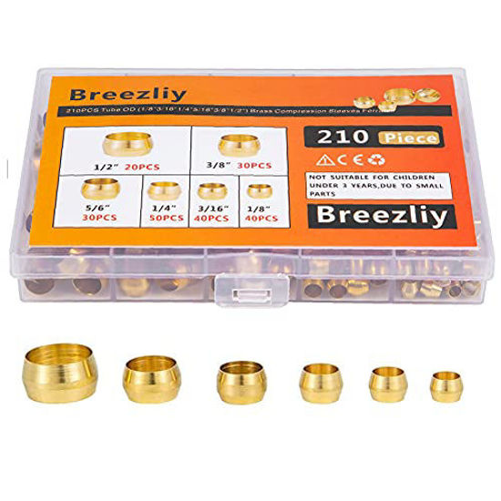 GetUSCart- Breezliy 210PCS Tube OD?1/8 3/16 1/4 5/16 3/8 1/2) Brass  Compression Sleeves Ferrules ,6 Sizes Brass Compression Fitting Assortment  Kit
