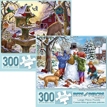 Picture of Bits and Pieces - Set of Two (2) 300 Piece Christmas Jigsaw Puzzles for Adults - Building a Snowman on a Snow Day, Sunrise Feasting - 300 pc Winter Snow Jigsaws by Artist Liz Goodrick-Dillon
