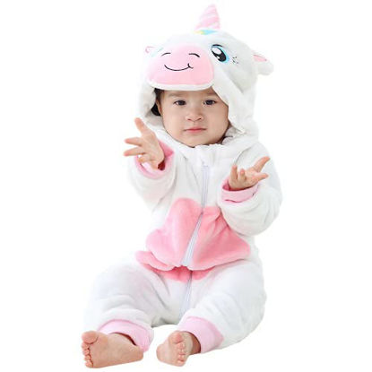 Picture of MICHLEY Unisex Baby Boy Girl Hooded Romper Winter Animal Cosplay Jumpsuit Pajamas, White, 2-5months, Size 70