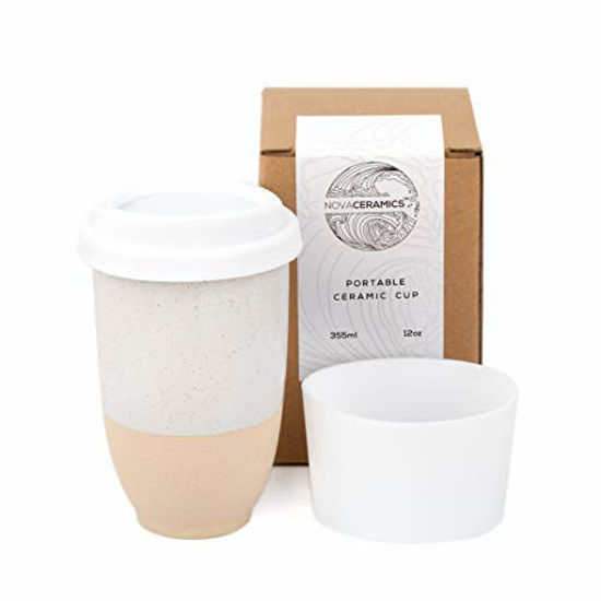 Picture of Nova Ceramics Reusable Coffee Cup, Ceramic Travel Mug with Lid, Portable Coffee Cup, Unique to Go Mug, Microwave, Dishwasher Safe, 12oz, Clay with Speckled Glaze, Dune