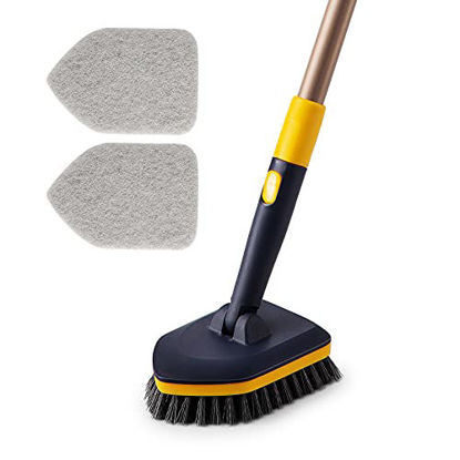 Picture of Yocada Tub Tile Scrubber Brush 2 in 1 Cleaning Brush 58.2" Adjustable Telescopic Pole Stiff Bristles Scouring Pads for Cleaning Bathroom Kitchen Toilet Wall Tub Tile Sink Non-Scratch