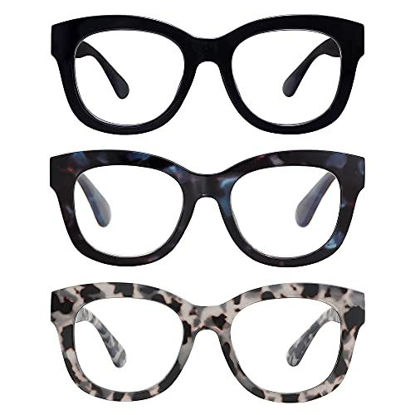 Picture of AMOMOMA 3 Pack Retro Oversized Reading Glasses for Women Blue Light Blocking Computer Readers Spring hinge Oprah Style AM6003 with Black+Blue+Grey Tortoise Frame 3.00 x