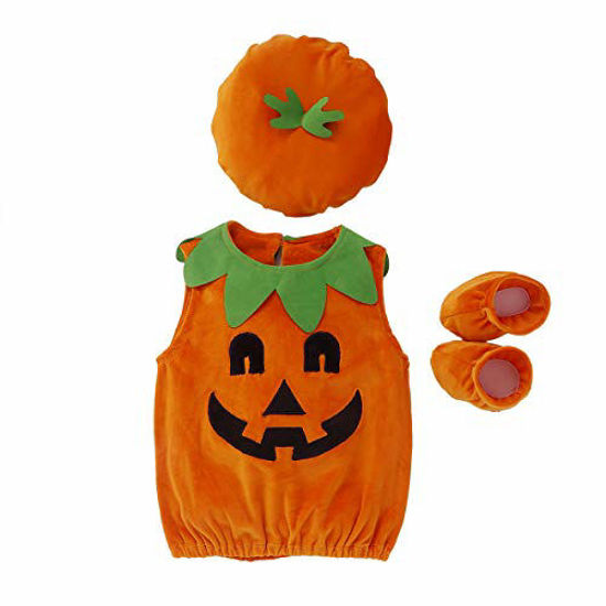 Picture of Baby Girl Boy Halloween Outfit Pumpkin Tops Hat Footies Halloween Costumes 18-24 Months