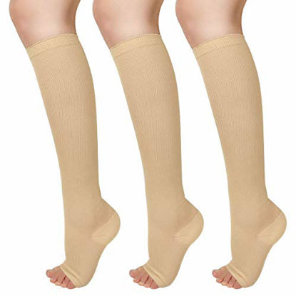 Picture of 3 Pairs Open Toe Compression Socks Women Knee High Toeless 15-25 mmHg