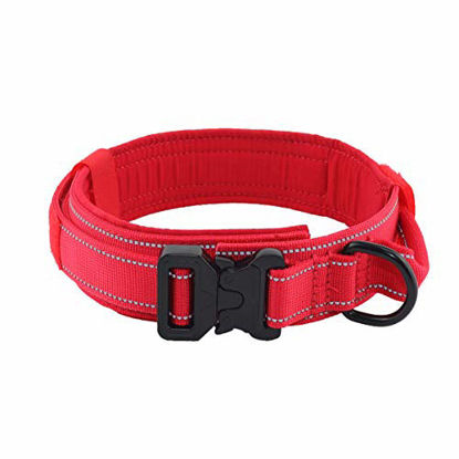 Picture of Yunleparks Tactical Dog Collar Highly Reflective Nylon Dog Collar with Heavy Duty Metal Buckle and Handle for Medium Large Dogs,1.5" Width (XL, Red)