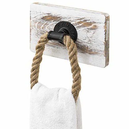 Picture of MyGift Whitewashed Rustic Wood & Industrial Pipe Wall Mounted Rope Towel Ring