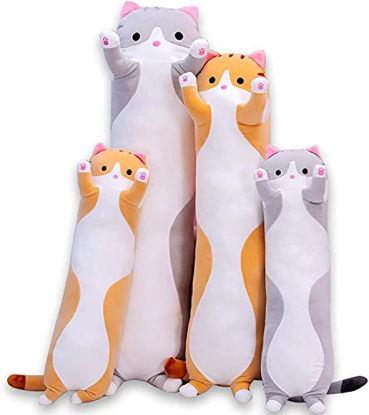 Picture of Cute Cat Plush Long Body Pillow Cuddle Cartoon Stuffed Animals Cat Plushie Soft Doll Pillows Gifts for Kids Girls (Orange, 27")