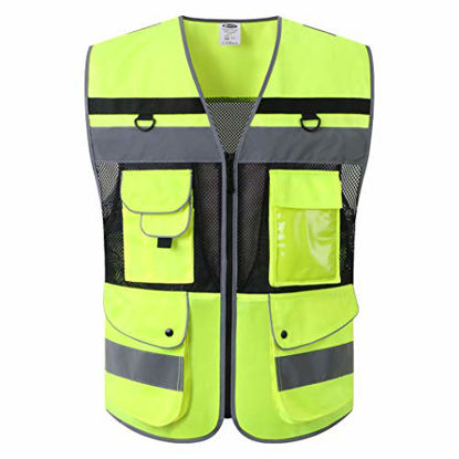 Picture of JKSafety 12 Pockets Class 2 High Visible Reflective Safety Vest Zipper Front Back Pockets Mesh Lining Yellow-Black Meets ANSI/ISEA Standards (Yellow-Black Large)