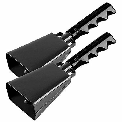Picture of 2 pack 7 in. steel cowbell/Noise makers with handles. Cheering Bell for sporting, football games, events. Large solid school hand bells. Cowbells. Percussion Musical Instrument. Cow Bell Alarm (Black)