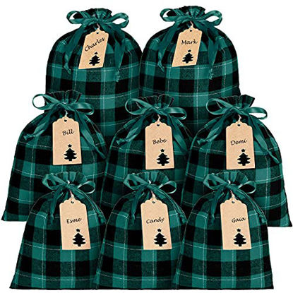Picture of 8 Pieces Cotton Xmas Plaid Drawstring Bags Fabric Present Bags Stocking Storage Sack Present Xmas Sack Party Favors Bags (3 Size) for Christmas Party Decoration Supplies (Green and Black)