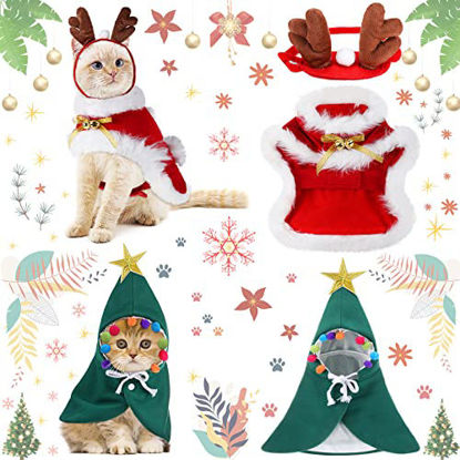 Picture of 3 Pieces Pet Christmas Costumes Set Includes Puppy Cat Cloak with Star and Pompoms Kitten Dog Antlers Headband Pet Reindeer Headwear Cat Santa Cape with Bell Pet Christmas Costume Accessories