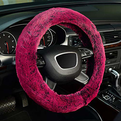 Picture of KAFEEK Frost Fluffy Microfiber Plush Steering Wheel Cover for Winter Warm, Universal 15 inch Soft Fuzzy Steering Wheel Cover, Brilliant Red