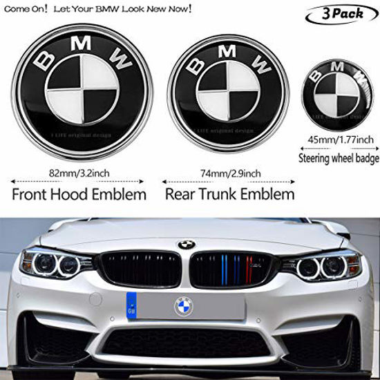 GetUSCart- 3pcs Black and White BMW 82mm Hood Emblem/74mm Trunk Emblem/45mm  Steering Wheel Center Emblem for BMW, Emblems Replaceme 6 7 8 series 325i  328i E Series (fit B-M-W2)