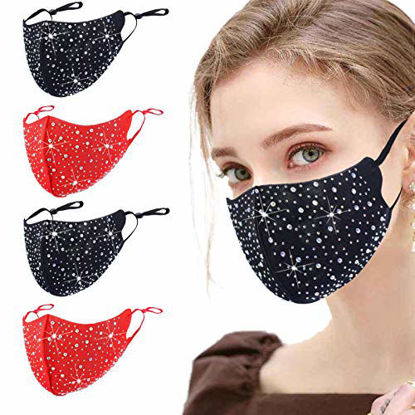 Picture of 4 Pcs Sparkle Rhinestone Face Cloth Mask for Women, Stylish Glitter Reusable Black Red Breathable Sequin Designer Washable Bling Diamond Crystal Masquerade Fancy Beauty Cute Polyester Ear Loops