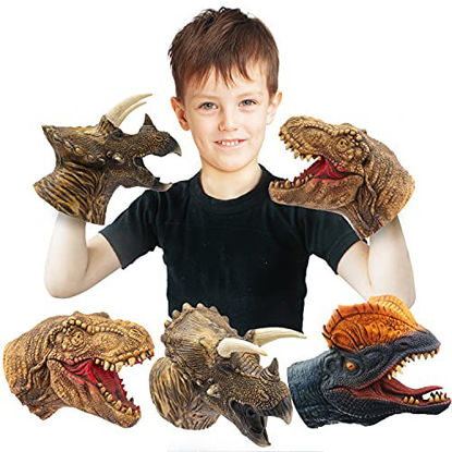 Picture of Yolococa Dinosaur Hand Puppets Realistic Latex Soft Animal Head Toys Set, Tyrannosaurus, Triceratops, Dilophosaurus, Hand Puppet Toys Gift for Kids, Party Show Imaginative Play, 3 Pack
