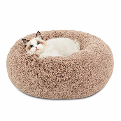 Picture of Bedsure Calming Cat Beds for Indoor Cats - Large Cat Bed Washable 20 inches, Anti Anxiety Round Fluffy Plush Faux Fur Pet Bed, Fits up to 15 lbs Pets, Camel
