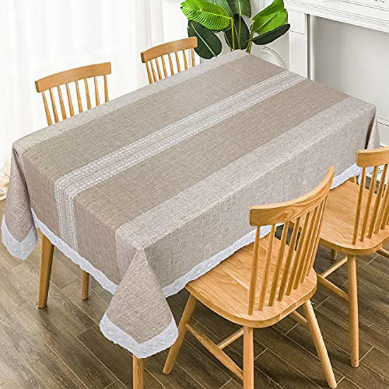 GetUSCart Vinyl Tablecloth with Flannel Backing Plastic Waterproof Rectangle Tablecloths Wipeable Table Cloth for Garden Kitchen Indoor Outdoor Washable PVC Table Cover Brown Stripes 58 x 104 Inch