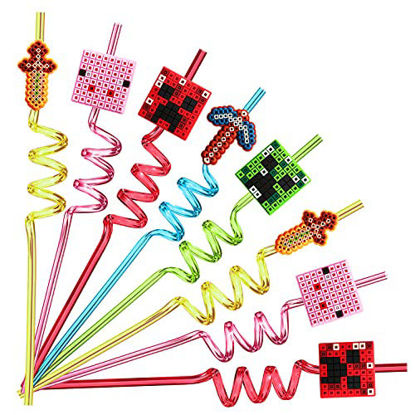Picture of 25 Reusable Pixel Straws for Minecraft Party Supplies Favors, Pixel Spider Creepah Party Supplies Gift with 2 Cleaning Brushes