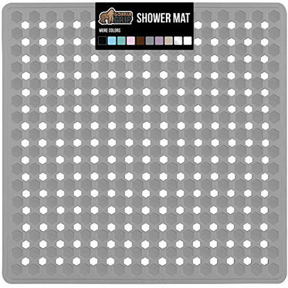 Picture of Gorilla Grip Patented Shower Stall Mat, 21x21, Machine Washable, Square Bathroom Bath Tub Mats for Stand up Showers and Small Bathtubs, Drain Holes Keep Floor Clean, Suction Cups, Gray Opaque