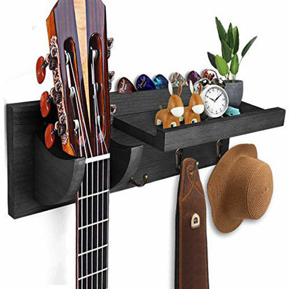 Picture of CABINAHOME Guitar Wall Holder stands hangers for Acoustic and Electric Guitar wood Hanging Rack with Pick Holder and 3 Hook (Black)