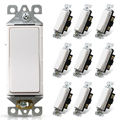 Picture of ELEGRP Glossy White Single Pole Decorative Light Switch, 15Amp, 120/277V, Decorator Paddle Rocker Switch Replacement, On/Off Wall Switch, Self-Grounding, Residential/Commercial Grade, 10 Pack, UL/CUL,