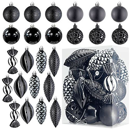 Picture of Black Christmas Ball Ornaments for Christmas Decorations - 24 Pieces Xmas Tree Shatterproof Ornaments with Hanging Loop for Holiday and Party Decoration (Combo of 8 Ball and Shaped Styles)