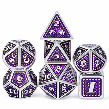 Picture of DNDND Metal Dice Set, 7 Pieces Polyhedral Dragon Scale Metallic Die with Gift Metal Case for Dungeons & Dragons D&D (Purple with Silver Edge)