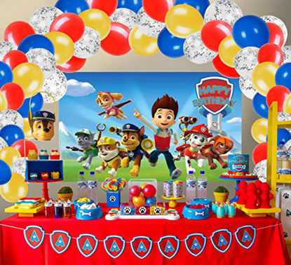 Picture of Paw Patrol Birthday Party Supplies Decorations, Happy Birthday Backdrop 3 x 5 Ft Dog Banner and 60 Pcs Balloons Garland Photography Background Photo Booth for Bedroom, Game Gifts for Boys Girls Kids