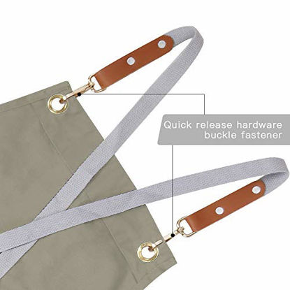 Picture of Chef Apron,Cross Back Apron for Men Women with Adjustable Straps and Large Pockets,Canvas,M-XXL (Beige)