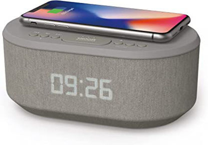 Picture of Bedside Radio Alarm Clock with USB Charger, Bluetooth Speaker, QI Wireless Charging, Dual Alarm Dimmable LED Display (Grey)
