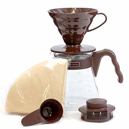Picture of Hario V60 Pour Over Starter Set with Dripper, Glass Server, Scoop and Filters, Size 02, Brown