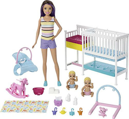 Picture of Barbie Nursery Playset with Skipper Babysitters Doll, 2 Baby Dolls, Crib and 10+ Pieces of Working Baby Gear and Themed Toys, Gift Set for 3 to 7 Year Olds, Multicolor