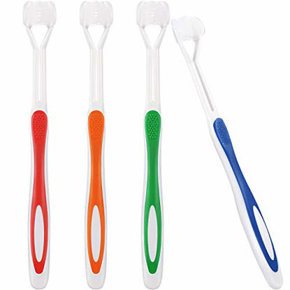 Picture of 4 Pieces Autism Sensory Toothbrush Three Bristle Travel Toothbrush for Kids Complete Teeth and Gum Care Pretty Good Angle Bristles Clean Each Tooth, Soft and Gentle (Green, Blue, Yellow, Red)
