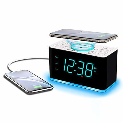 Picture of Emerson Radio ER100401 Smartset Alarm Clock Radio, 15Watt Ultra Fast Wireless Charging Dual Alarm Clock Radio with Bluetooth Speaker, USB Charger, Cyan LED Night Light and 1.4" Display , Black