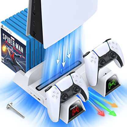 Picture of OIVO PS5 Stand with Suction Cooling Fan and Dual Controller Charger Station for Playstation 5 PS5 Console, Suction Cooler Fan with Charging Dock Station and 12 Games Storage- 2 IN1 Cable Included