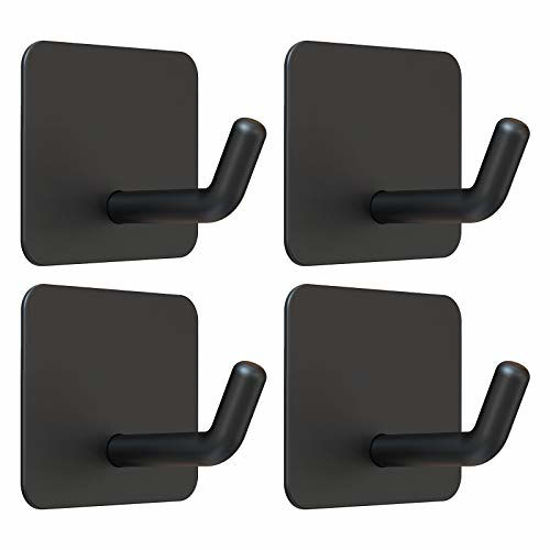 Picture of Adhesive Hooks, VIS'V Black Stainless Steel Self Adhesive Hooks Heavy Duty Waterproof Wall Hangers Without Nails Kitchen Bathroom Shower Sticky Wall Hooks for Towel Loofah Hat Key Utensils - 4 Packs