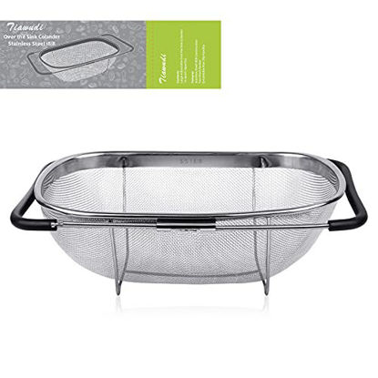 Picture of 18/8 Stainless Steel Over The Sink Colander with Fine Mesh Strainer Basket & Expandable Rubber Grip Handles - Strain, Drain, Rinse Fruits, Vegetables