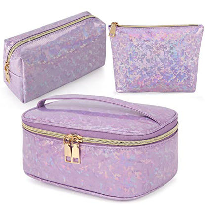 Picture of Makeup Bag Leather Cosmetic Bag Waterproof Makeup Pouch Portable Makeup Travel Bag Multifunctional Cosmetic Organizer Bag for Women Girls, 3-Pack, Purple