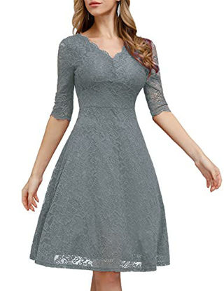 Picture of Women's Wedding Guest Dresses lace midi Dress with Sleeves Cocktail Tea Length Evening Dresses Grey s