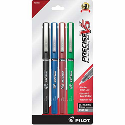 Picture of PILOT Precise V5 Stick Liquid Ink Rolling Ball Stick Pens, Extra Fine Point (0.5mm) Black/Blue/Red/Green Inks, 4-Pack (94202)