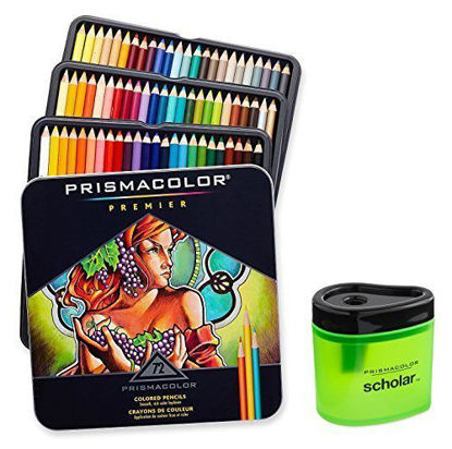 Picture of Prismacolor 3599TN Premier Soft Core 72 Colored Pencils + 1774266 Scholar Colored Pencil Sharpener; Perfect for Layering, Blending and Shading; Soft, Thick Cores Create a Smooth Color Laydown