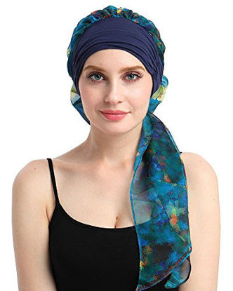 Picture of FocusCare Breathable Cancer Turban Cap for Chemo Patients Pre-tie Headcovers for Alopecia Women Blue Sea
