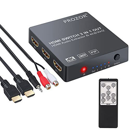 Picture of 3x1 HDMI Switch with Audio Extractor, Proster 3 Port 4K HDMI Switcher HDMI Audio Converter Include PIP IR Remote and 3.5mm Male to 2 RCA Female Stereo Audio Cable